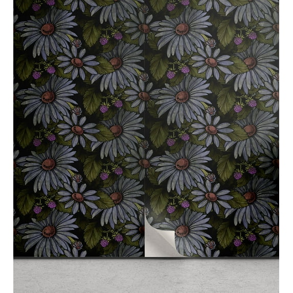 Ambesonne, Jungle Night Peel & Stick Wallpaper for Home, Wild Chamomile Leaves, 13"x36", Reseda Green Blue Grey