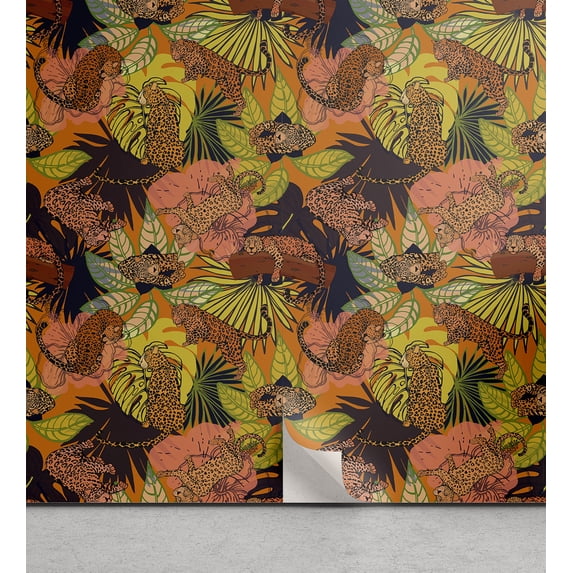 Ambesonne Jungle Peel & Stick Wallpaper for Home, Exotic Plants and Leopards, 13"x100", Multicolor