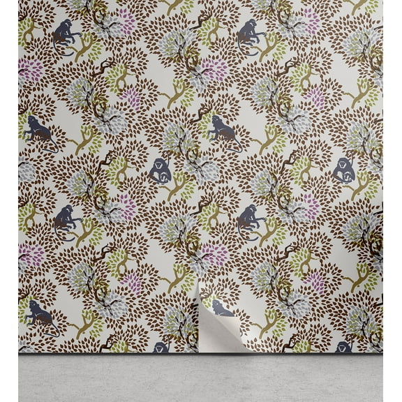 Ambesonne Jungle Peel & Stick Wallpaper for Home, Monkey on Abstract Trees, 13"x36", Pale Taupe Multicolor