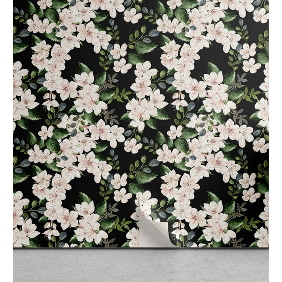 Ambesonne Jungle Peel & Stick Wallpaper for Home, Plum Blossoms Leafy Night, 13"x36", Forest Green Pale Rose