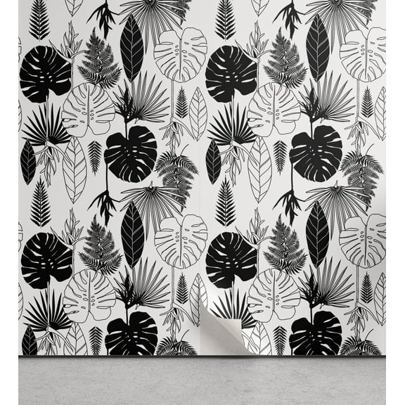 Ambesonne Jungle Peel & Stick Wallpaper for Home, Tropic Leaf Foliage, 13"x36", Black and White