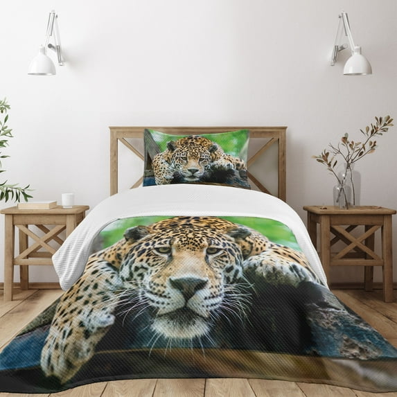 Ambesonne Jungle Quilted Bedspread Set 2 Pcs, Jaguar Wildcat Feline, Twin Size, Orange Black Green