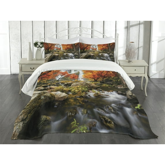 Ambesonne Jungle Quilted Bedspread Set 3 Pcs, Autumn River Stream on Rocks, King Size, Brown Orange