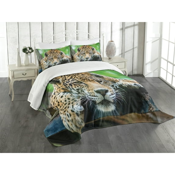Ambesonne Jungle Quilted Bedspread Set 3 Pcs, Jaguar Wildcat Feline, Queen Size, Orange Black Green