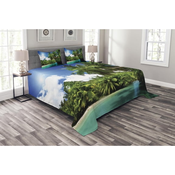 Ambesonne Jungle Quilted Bedspread Set 3 Pcs, Mahe Island Lake Palms, King Size, Aqua Green White