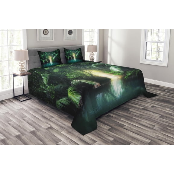 Ambesonne Jungle Quilted Bedspread Set 3 Pcs, Mangrove Rainforest Lake, King Size, Green Teal