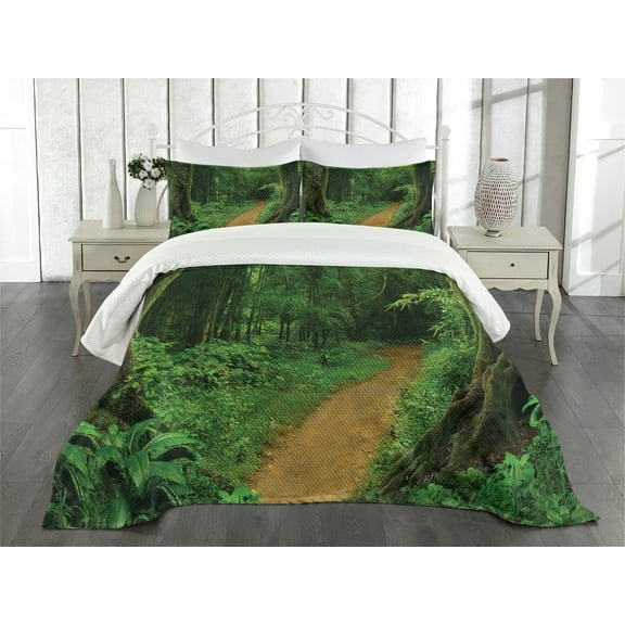 Ambesonne Jungle Quilted Bedspread Set 3 Pcs, Nature Call Park Design, Queen Size, Green