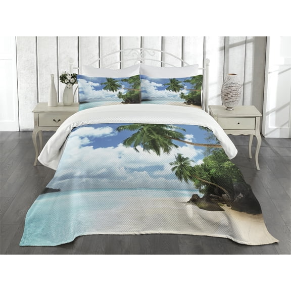 Ambesonne Jungle Quilted Bedspread Set 3 Pcs, Palm Leaf Island Lagoon, King Size, Green Blue Aqua