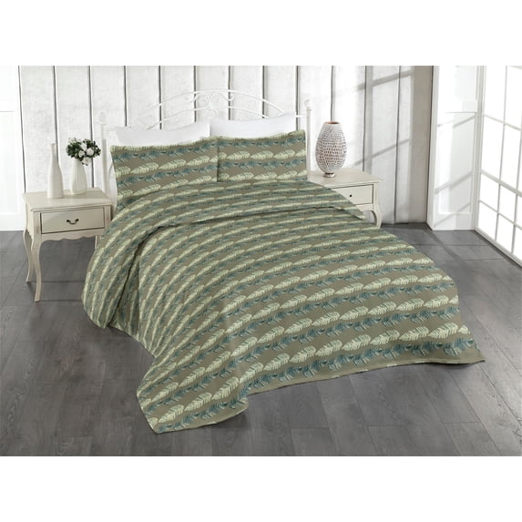 Ambesonne Jungle Quilted Bedspread Set 3 Pcs, Tropical Atmosphere Forest, King, Sage Green Slate Blue