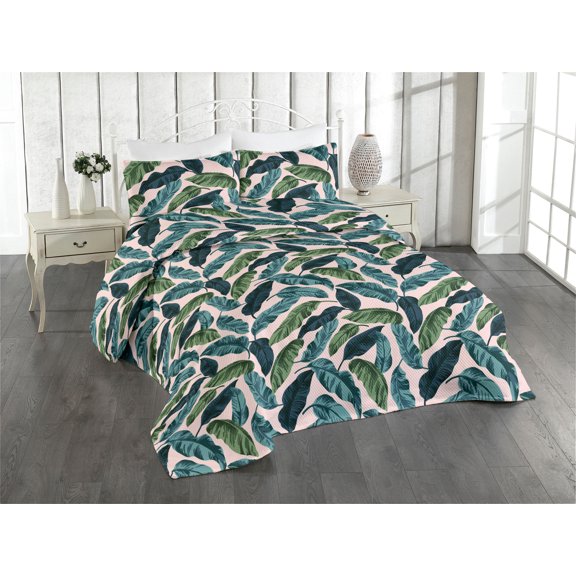Ambesonne Jungle Quilted Bedspread Set 3 Pcs, Tropical Hawaii Exotic Print, King, Pale Rose Green Dark Teal