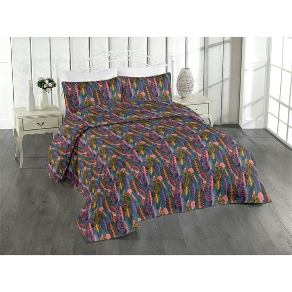 Ambesonne Jungle Quilted Bedspread Set 3 Pcs, Zebra with Tropical Leaves, Queen, Coral Multicolor