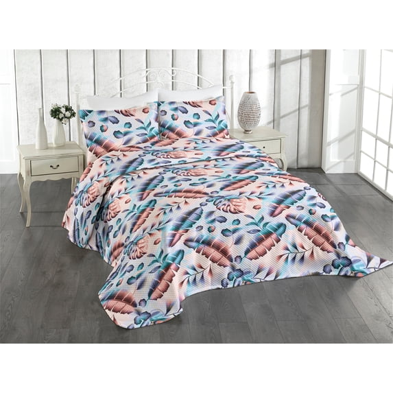 Ambesonne Jungle Quilted Coverlet 3 Pcs, Exotic Forest Leaf Motif Art, King Size, Turquoise Lavender Salmon