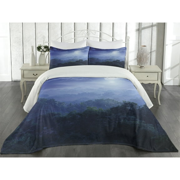 Ambesonne Jungle Quilted Coverlet 3 Pcs, Sri Lanka Rainforest, King Size, Green and Blue