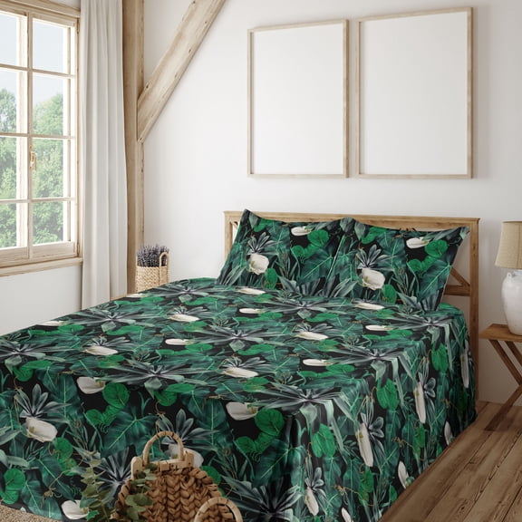 Ambesonne Jungle Scene Fitted & Flat Sheet with Shams 4 Pcs Set, Floral Tropical Leaves, King, Fern Green Jade Green