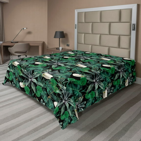 Ambesonne Jungle Scene Flat Bedding Sheet Soft Top Sheet, Floral Tropical Leaves, Full, Fern Green Jade Green