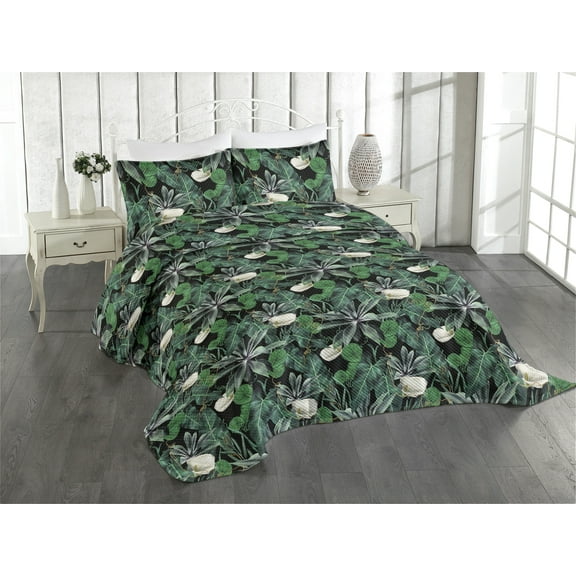 Ambesonne Jungle Scene Quilted Coverlet 3 Pcs, Floral Tropical Leaves, King Size, Fern Green Jade Green