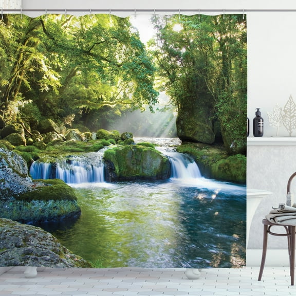 Ambesonne Jungle Shower Curtain, Foliage Misty Mountains, 69"Wx70"L, Yellow Green Blue