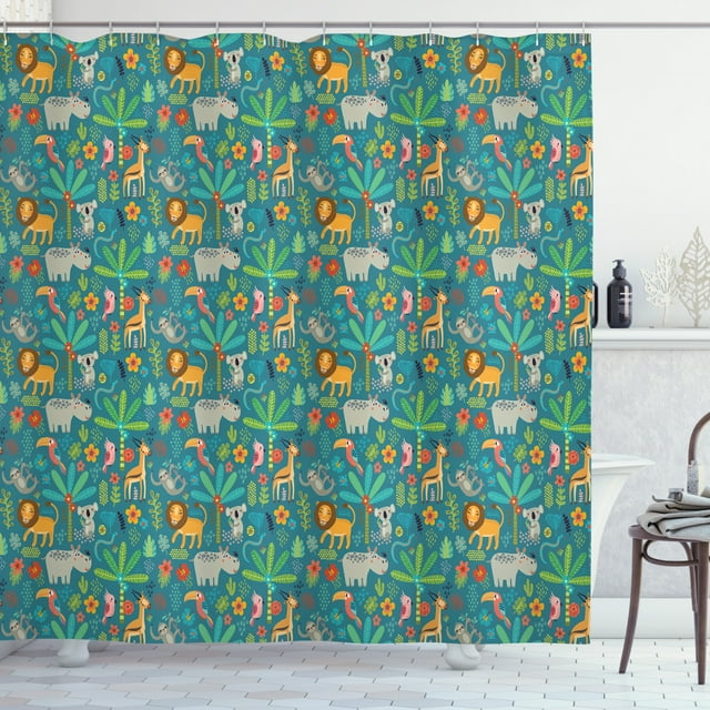 Ambesonne Jungle Shower Curtain, Hippo Parrot Koala and Deer, 69"Wx75"L, Multicolor