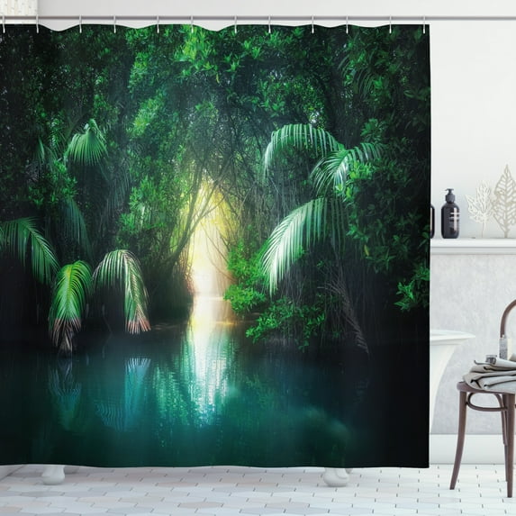 Ambesonne Jungle Shower Curtain, Mangrove Rainforest Lake, 69"Wx84"L, Green Teal