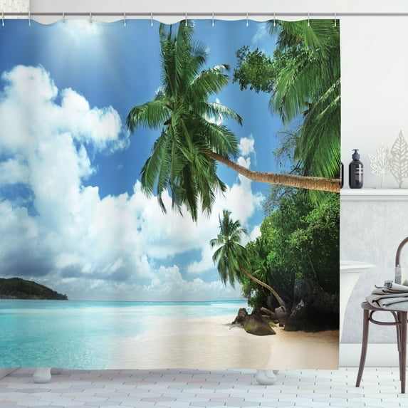 Ambesonne Jungle Shower Curtain, Palm Leaf Island Lagoon, 69"Wx70"L, Green Blue Aqua