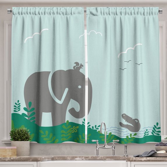 Ambesonne Jungle Theme Kitchen Curtains, Elephant Squirrel Art, 55"x45", Jade Green Taupe Grey