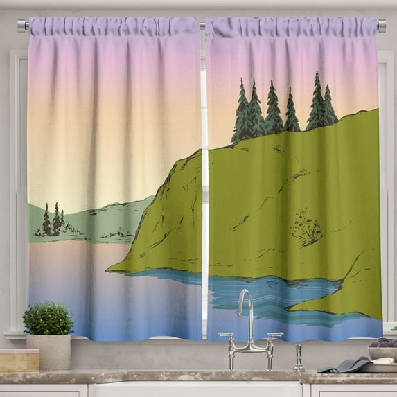 Ambesonne Jungle Theme Kitchen Curtains, Mountain Trees River, 55"x39", Olive Green Pale Rose
