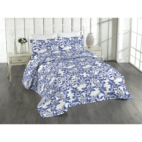 Ambesonne Jungle Vibes Quilted Bedspread Set 3 Pcs, Neutral Leafy Pattern, King, Dark Lavender White