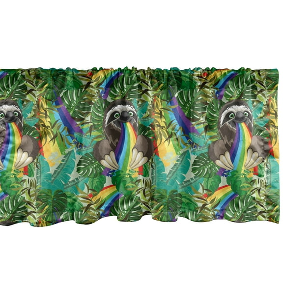 Ambesonne Jungle Window Valance, Sloth With Rainbow Print, 42" x 12", Fern Green Dark Seafoam