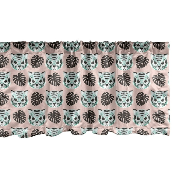 Ambesonne Jungle Window Valance, Tigers and Monstera Leaves, 42" x 18", Blush Pale Teal White
