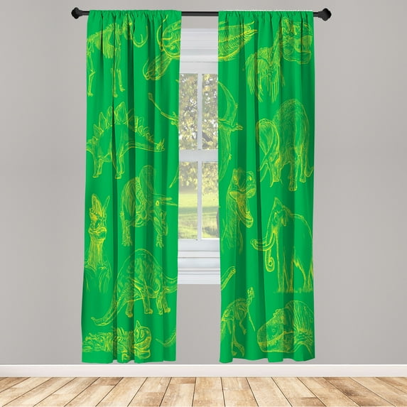 Ambesonne Jurassic Curtains, Dinosaur Illustration Art, Pair of 28"x84", Green Yellow