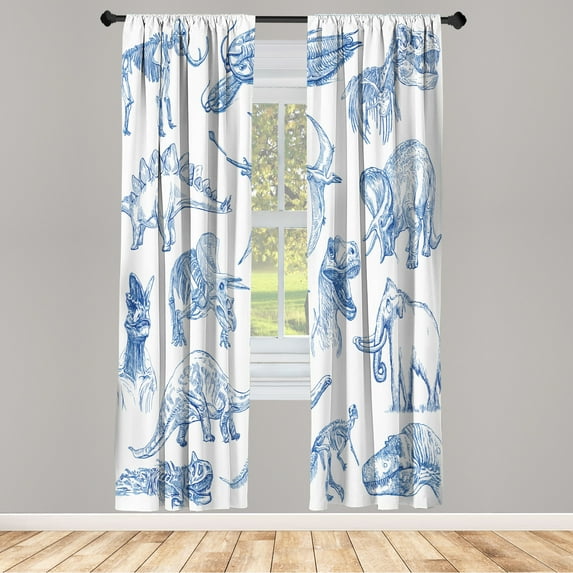 Ambesonne Jurassic Curtains, Dinosaurs Skeleton Biology, Pair of 28"x63", Persian Blue