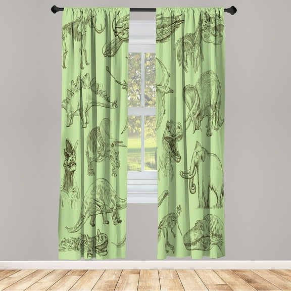 Ambesonne Jurassic Curtains, Dinosaurs Skeleton Biology, Pair of 28"x95", Pistachio Green