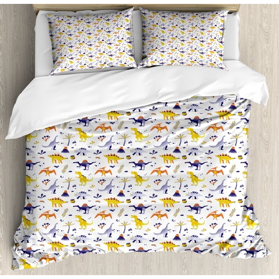 Ambesonne Jurassic Duvet Cover Set, Dinosaurs, 2-Calking, White Ceil Blue Yellow