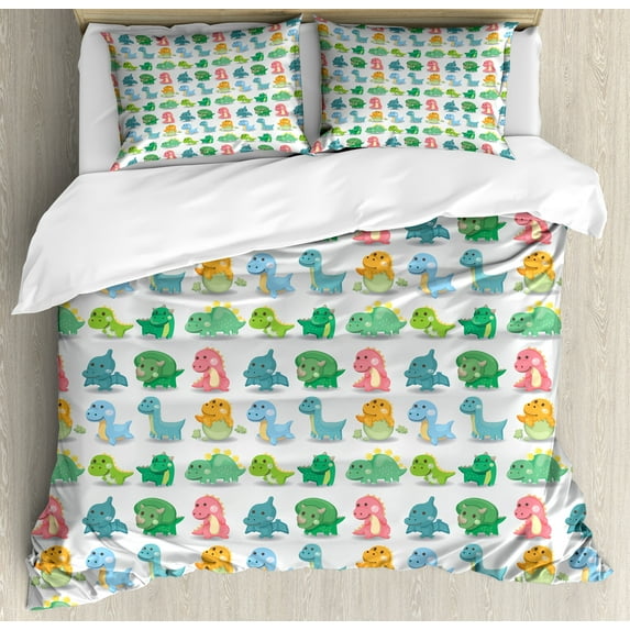 Ambesonne Jurassic Duvet Cover Sets, Dinosaur Wild Beast, 2-Queen, Green Turquoise Marigold