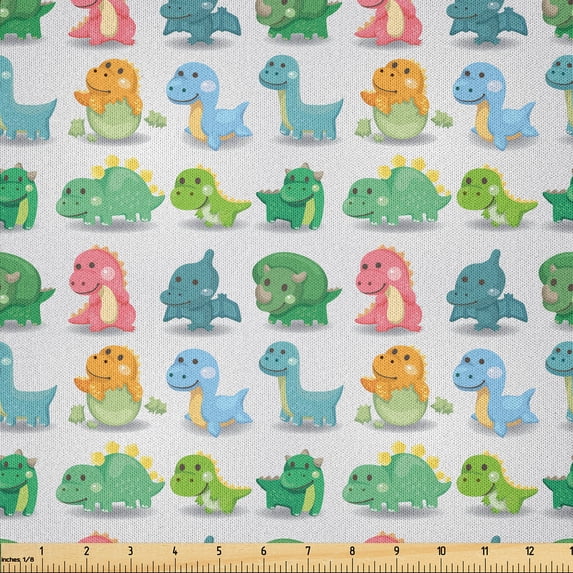 Ambesonne Jurassic Fabric by the Yard Microfiber, Dinosaur Wild Beast, 2 Yards, Green Turquoise Marigold