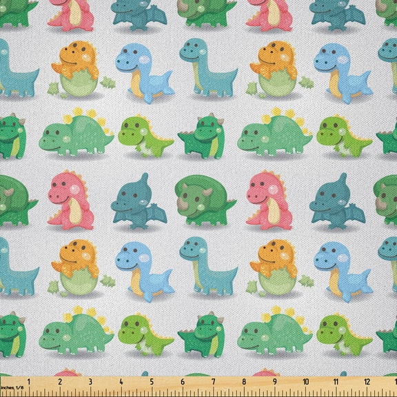 Ambesonne Jurassic Fabric by the Yard Microfiber, Dinosaur Wild Beast, 2 Yards, Green Turquoise Marigold