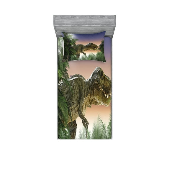 Ambesonne Jurassic Fitted Sheet & Pillow Sham Set, Dinosaur in the Jungle, Twinxl, Green Blue Peach
