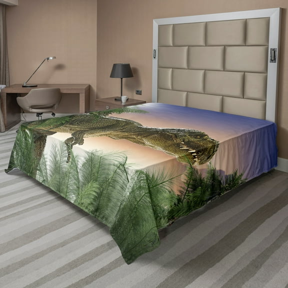 Ambesonne Jurassic Flat Sheet, Dinosaur in the Jungle, California King, Peach Green Blue