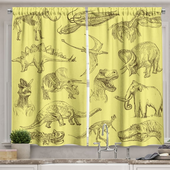 Ambesonne Jurassic Kitchen Curtains, Dinosaurs Skeleton Biology, 55"x30", Pastel Yellow