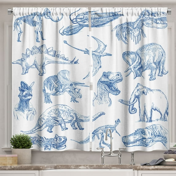 Ambesonne Jurassic Kitchen Curtains, Dinosaurs Skeleton Biology, 55"x30", Persian Blue