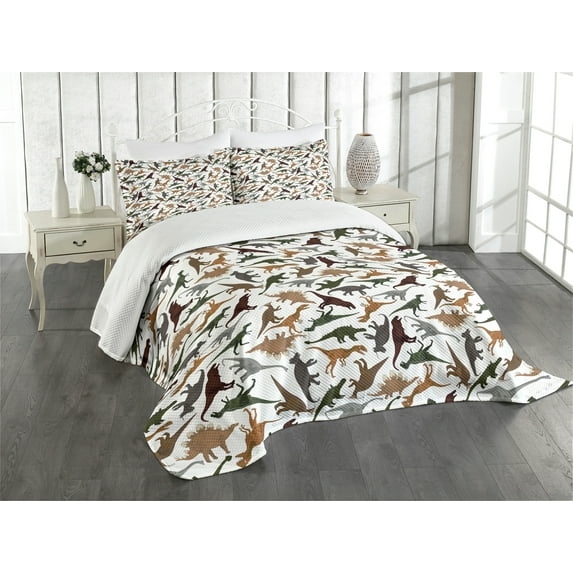 Ambesonne Jurassic Quilted Bedspread Set 3 Pcs, Wild Enormous Museum, King Size, Dark Orange Burgundy