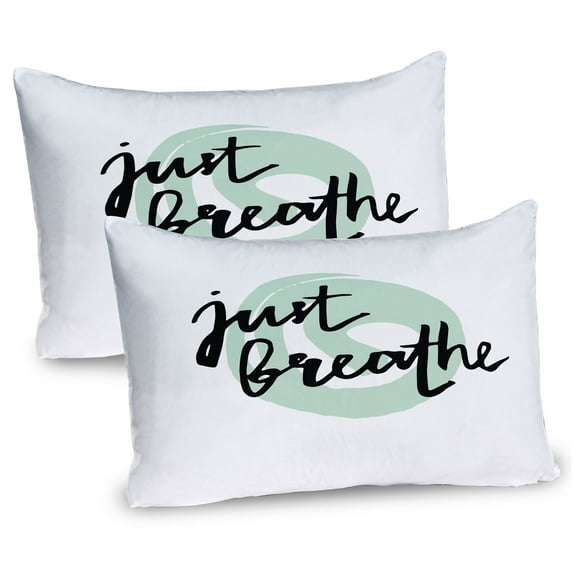 Ambesonne Just Breathe Pillow Sham 2 Pack, Modern Brush Words, 36"x20", Mint Green Black White