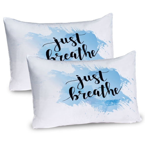 Ambesonne Just Breathe Pillow Sham 2 Pack, Phrase on Blue, 36"x20", Pale Blue Black White
