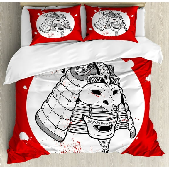 Ambesonne Kabuki Duvet Cover Sets, Grunge Stained Ronin Face, 2-Queen, Red White and Black