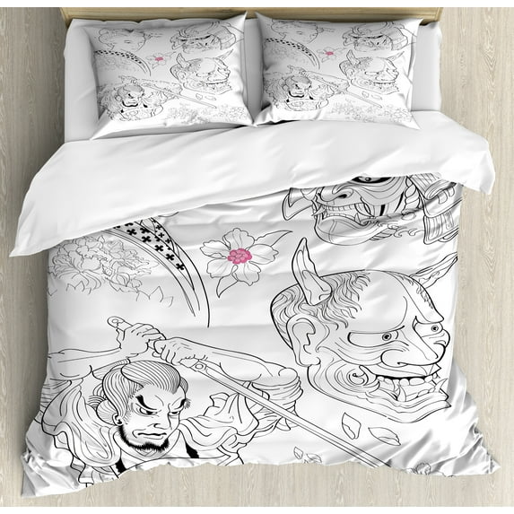 Ambesonne Kabuki Duvet Cover Sets, Japanese, 2-King, Black White Pink