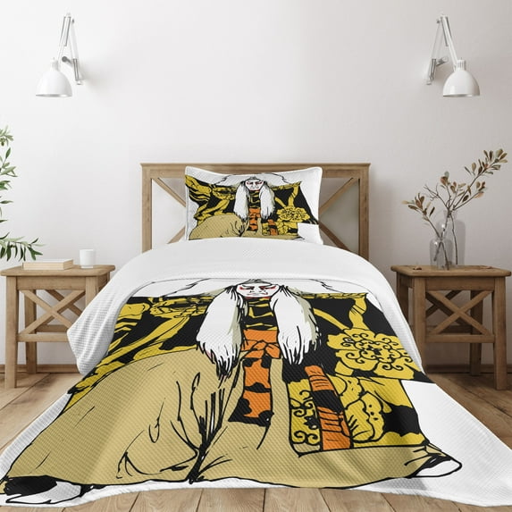 Ambesonne Kabuki Quilted Bedspread Set 2 Pcs, Character Actor Art, Twin Size, Multicolor