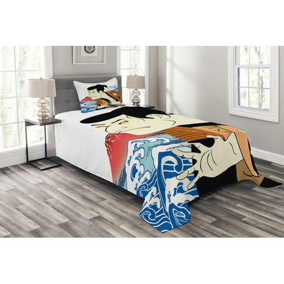 Ambesonne Kabuki Quilted Bedspread Set 2 Pcs, Performer Portrait, Twin Size, Multicolor