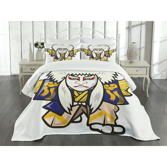 Ambesonne Kabuki Quilted Bedspread Set 3 Pcs, Artist in Kimono, Queen Size, Multicolor