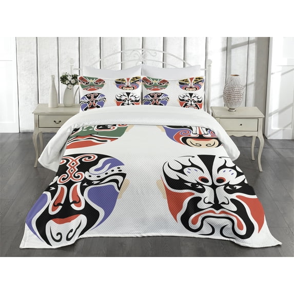 Ambesonne Kabuki Quilted Bedspread Set 3 Pcs, Chinese Opera, Queen Size, Multicolor