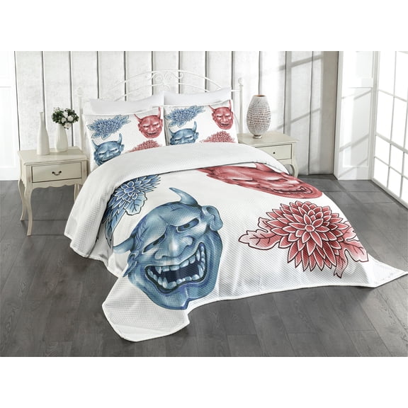 Ambesonne Kabuki Quilted Bedspread Set 3 Pcs, Colored Japan s, Queen Size, Blue Red White